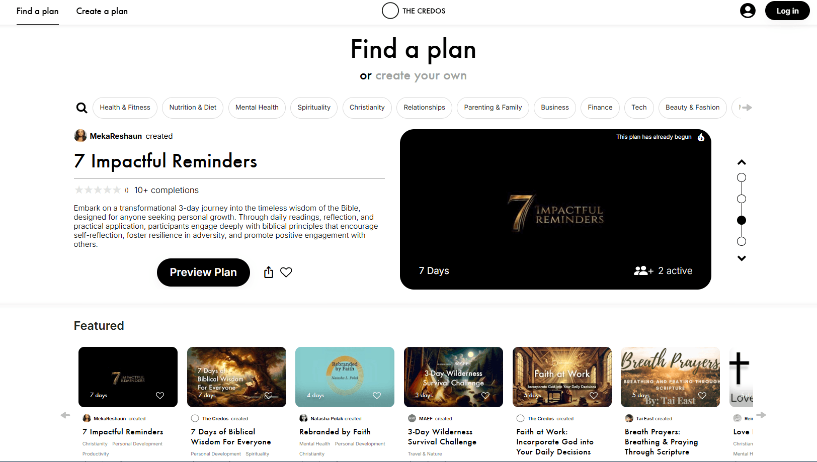 The Credos marketplace discovery screen with plan filters